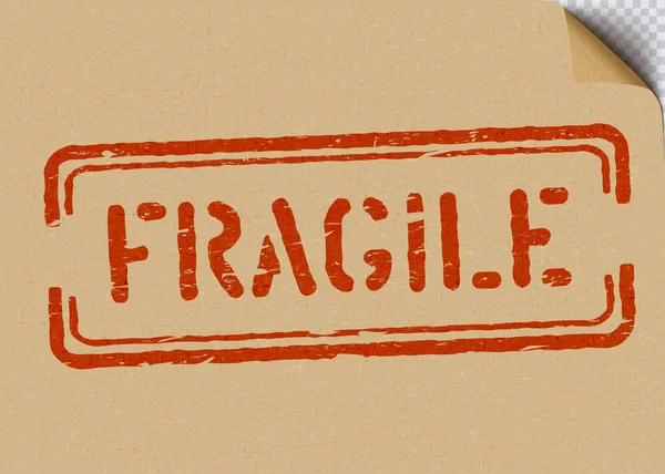 Grunge Fragile na tle kartonowym dla logistyki lub ładunków. Wektor ilustracji pole znak z wygiętym rogu papieru rzemieślniczego — Wektor stockowy