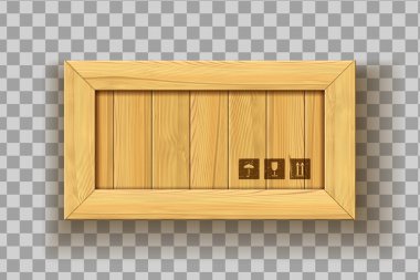 Dikdörtgen ahşap taşıyıcı taşıyıcı konteynırda nakliye sembolleri var.