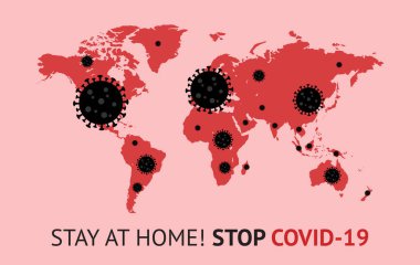 Siyah bakteri hücreli Covid-19 konsepti kırmızı dünya haritası