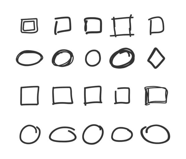 Leere Kontrollkästchen, Kreise und Quadrate, handgezeichnete Vektorillustrationen gesetzt — Stockvektor