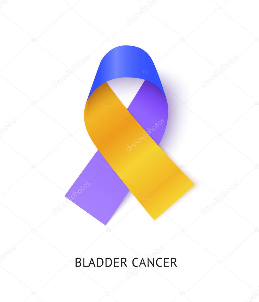 Bladder cancer awareness ribbon vector realistic illustration. Urinary system oncological disease sympathy symbol. 3D color tape, charity foundation logo design element isolated on white background