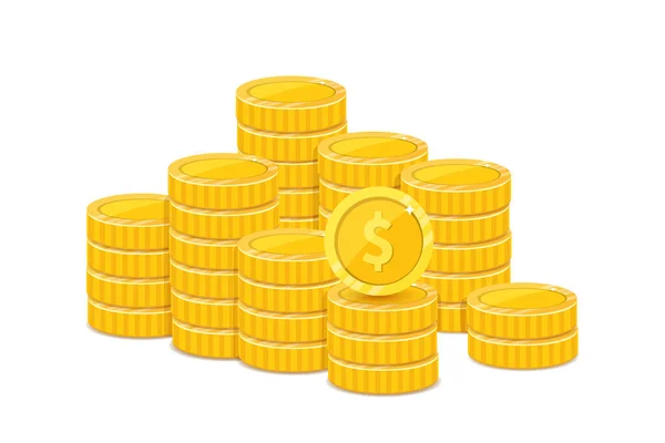 Χρυσά δολάρια σωρούς, μεταλλικά νομίσματα ρεαλιστική απεικόνιση — Διανυσματικό Αρχείο