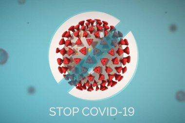 Covid-19 'u yaymayı kes. Mavi arkaplanda siyah metin ve bakteri kavramı