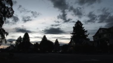 Several crows flying in sunset sky over residential neighborhood homes in Portland, Oregon.