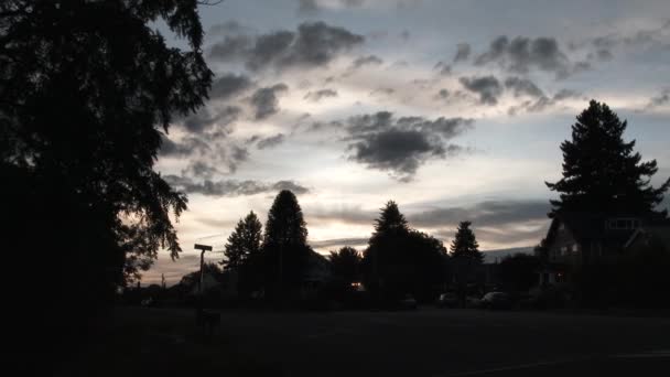 Car Driving Road Passing Neighborhood Homes Sunset Sunrise — Stock Video