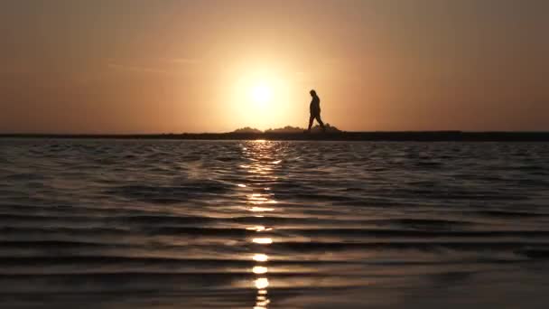 Silhouetted Persoon Wandelen Langs Zandbank Aan Oceaan Tijdens Warme Hemel — Stockvideo
