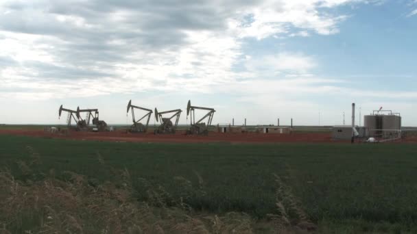 Grupo Bombas Óleo Produção Poço Petróleo Nos Campos Dakota Norte — Vídeo de Stock