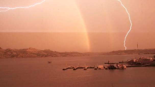 Huge Lightning Strike Loud Thunder Heavy Rain Storm Lake Boat — Stockvideo
