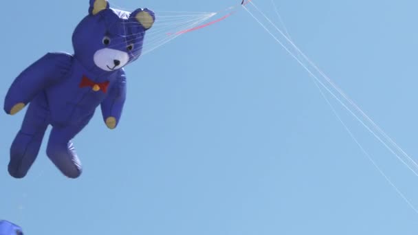 Azul Oso Peluche Cometa Volando Viento Día Brillante Soleado — Vídeos de Stock