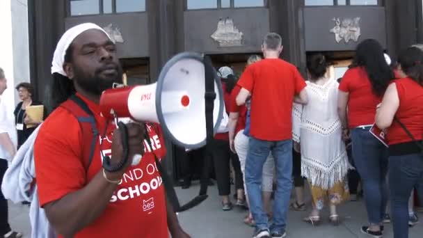 Man Megaphone Gets Crowd Chanting More School Funding Government Building — 图库视频影像