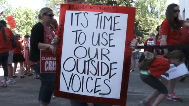 Woman Protest Holding Sign Reading Time Use Our Voices Stands — Stok video