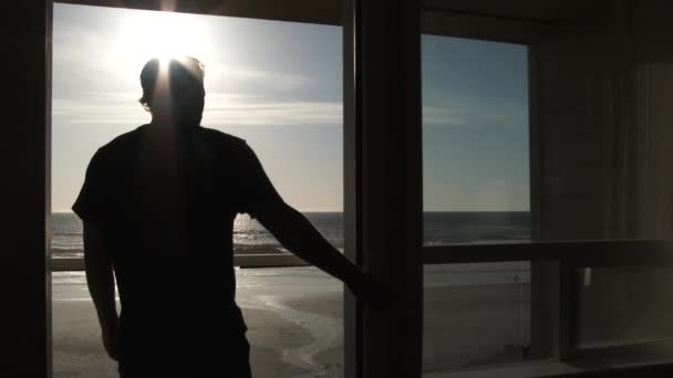 His Hotel Suite Man Walks Out Beach Front Lanai Enjoy — 图库视频影像