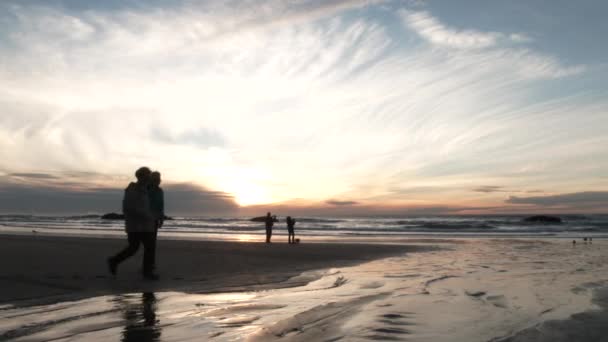 Unrecognizable People Walk Frame Sandy Beach Another Couple Stand Watch — Stock Video