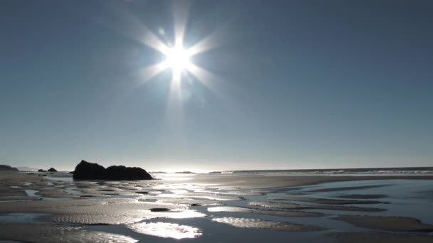 在清澈的蓝天 在沙滩上的短镜头平底锅 在俄勒冈州海岸阳光灿烂的低潮海滩 包括声音 — 图库视频影像