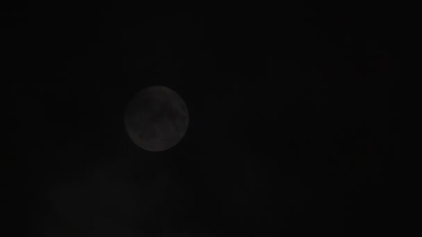 Close Shot Bright Full Moon Clouds Smoke Fog Passing Night — Stock Video