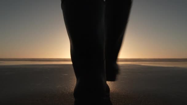 Silueta Persona Camina Playa Arena Hacia Atardecer Sobre Escena Del — Vídeo de stock