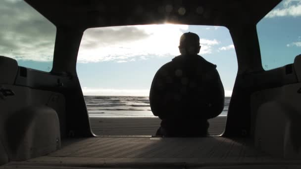 Persona Sentada Parte Trasera Coche Obtiene Una Hermosa Vista Playa — Vídeo de stock