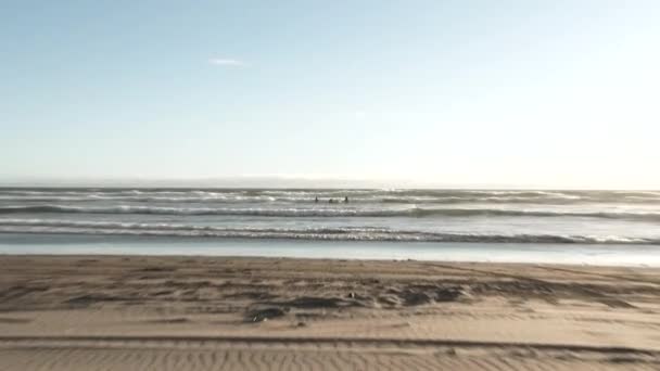 海岸で海で遊ぶ子供たちのグループとしてビーチでのトラックドライブ — ストック動画