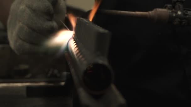 Person Using Blowtorch Solders Copper Parts Together Manufacturing Custom Products — Stock Video