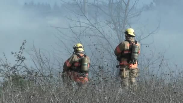 2人の消防士が煙に火が変わるのを見て消防ラインで短い休息を取る — ストック動画