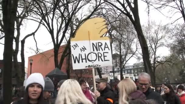 Person Holds Sign Reading Nra Whore Bigly Poking Fun Donald — Stock video