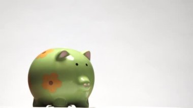 Beyaz domuz kumbarasında izole edildiğinde gelecek harcamalar için para ve faturalarla doldurulur..