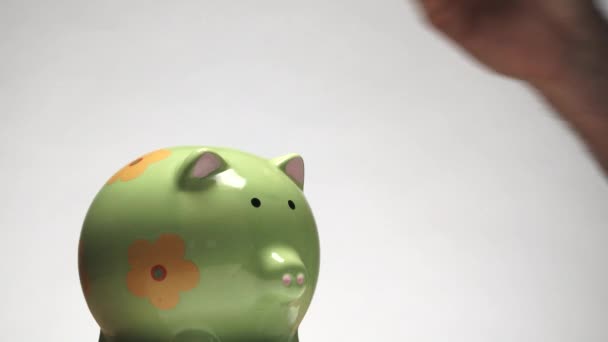 Studio Person Adds Coins Piggy Bank Future Spending Close — Stock Video