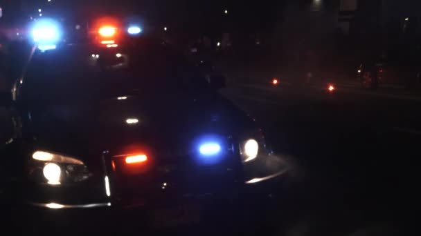 Emergency Flares Burn City Street Night Police Cars Parked Flashing — Stock Video