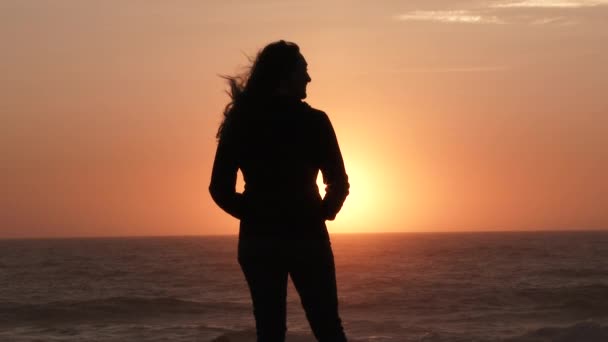 日落时分 一对慢镜头情侣在海滩接吻 — 图库视频影像