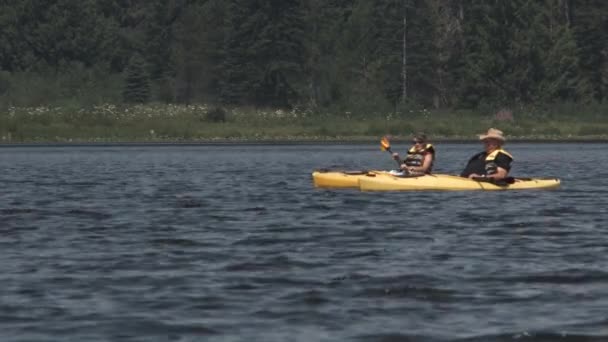 Twee Mensen Kajaks Genieten Van Een Dagje Uit Het Meer — Stockvideo