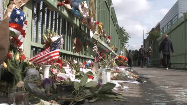 Various Offerings Line Overpass Train Station Men Died Protecting Young — Stock Video