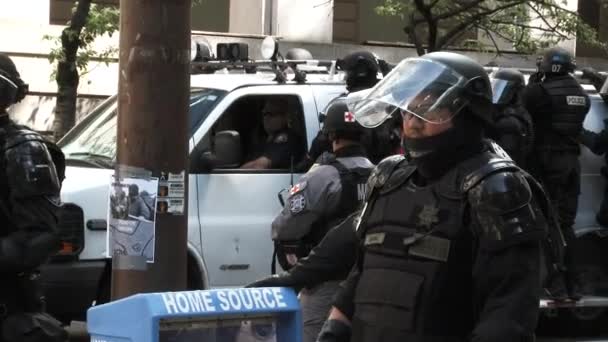 Many Officers Riot Gear Ride City Streets Police Van — Stock Video