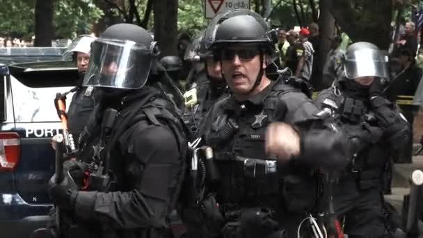 State Trooper Directs Officers Riot Gear Form Line Protest City — Stock Video