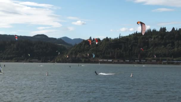 俄勒冈州胡德河哥伦比亚河上忙碌的一天 风筝冲浪者和风冲浪者正在利用这温暖多风的一天 — 图库视频影像