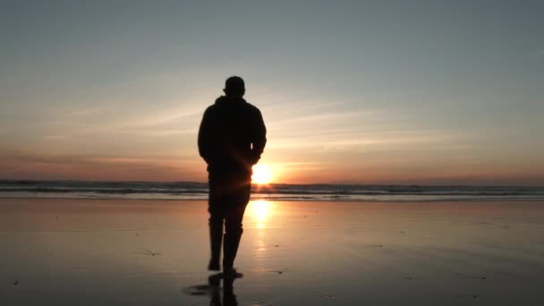 太平洋上の穏やかな夕日を楽しむために 干潮時のビーチを気軽に歩くシルエットの男 — ストック動画