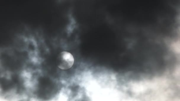 Des nuages sombres et de la fumée envahissent le ciel alors que le soleil, ou la pleine lune, traverse le ciel .
