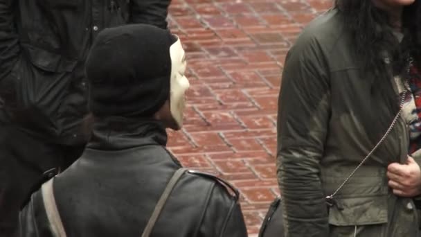 Anonymous Person Walks Crowd Protesters Epic People Speech Sound Helicopters — Stock Video