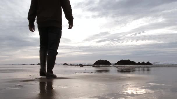 Bajo Ángulo Playa Arena Con Modelo Liberado Hombre Caminando Hacia — Vídeos de Stock
