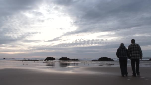 Una Coppia Anziana Irriconoscibile Tiene Mano Cammina Sulla Spiaggia Sabbiosa — Video Stock