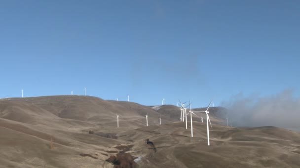 华盛顿州风电场景观的广阔角度 蓝天分明 涡轮叶片旋转 — 图库视频影像