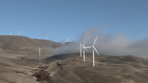 在华盛顿 风力涡轮机在多风的山坡上旋转 风向开阔 蓝天空旷 云朵低低掠过 — 图库视频影像