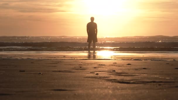 Silhouetted Άνθρωπος Στέκεται Στην Άκρη Του Νερού Και Βλέπει Πάνω — Αρχείο Βίντεο