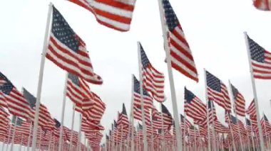 Amerika Birleşik Devletleri bayrakları çerçeveyi dolduruyor, anma töreninde rüzgarda savruluyor.
