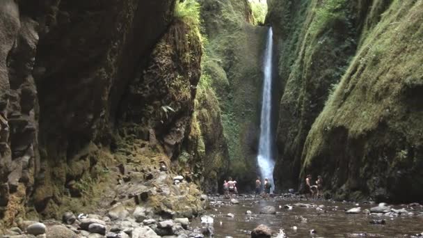 冒険的で認識できない友人のグループは 下のOneonta渓谷で美しい滝を見つけ 暑い夏の日に涼しくなります — ストック動画
