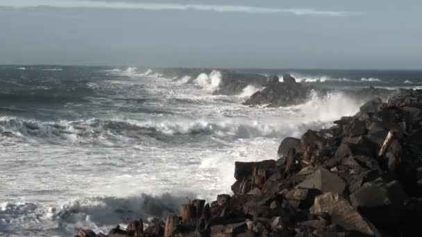 Grandes Olas Estrellan Costa Oregón Jetty Sur Del Río Columbia — Vídeo de stock