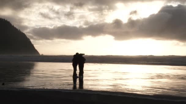 Silhouettiertes Paar Beim Fotografieren Mit Zwei Vorbeifliegenden Vögeln Pazifik Oregon — Stockvideo