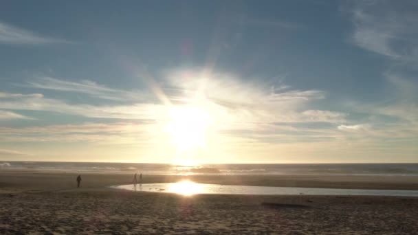 Люди Наслаждаются Прекрасным Вечером Побережье Орегона Тихом Океане Закате — стоковое видео