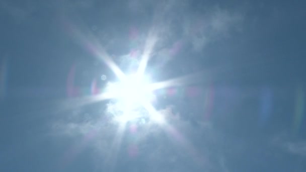 Sol Brilha Céu Azul Enquanto Nuvens Passam Pássaro Voa Costa — Vídeo de Stock