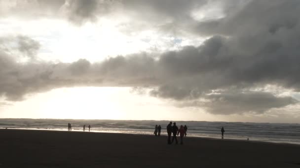 Grupos Personas Siluetas Disfrutan Costa Oregón Atardecer — Vídeo de stock