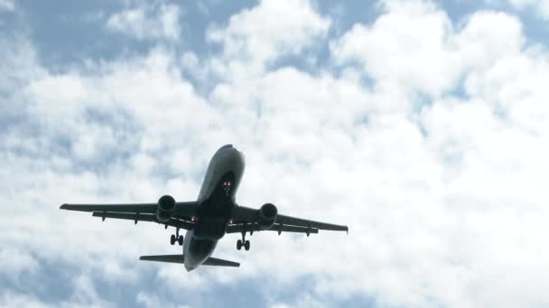 Unerkennbare Kommerzielle Airline Fliegt Über Kopf Und Landet — Stockvideo